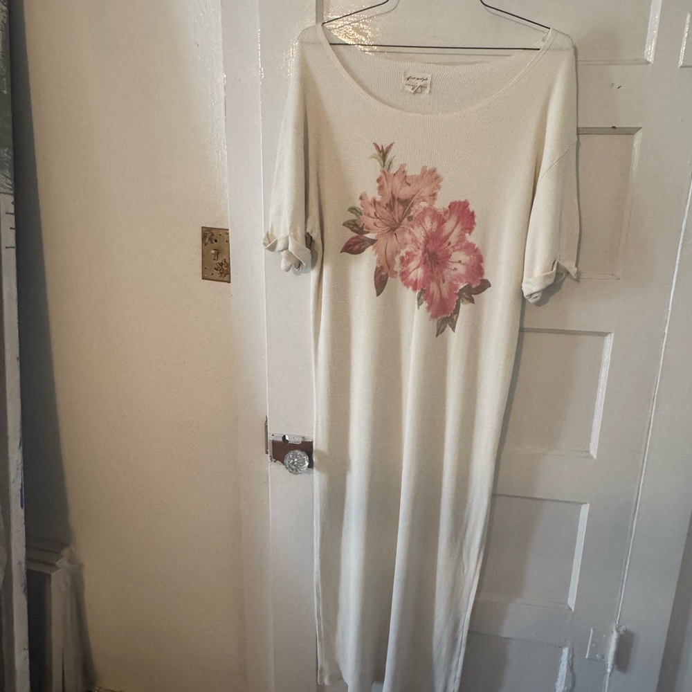 Floral Print White Tshirt Dress with Pink Blooms